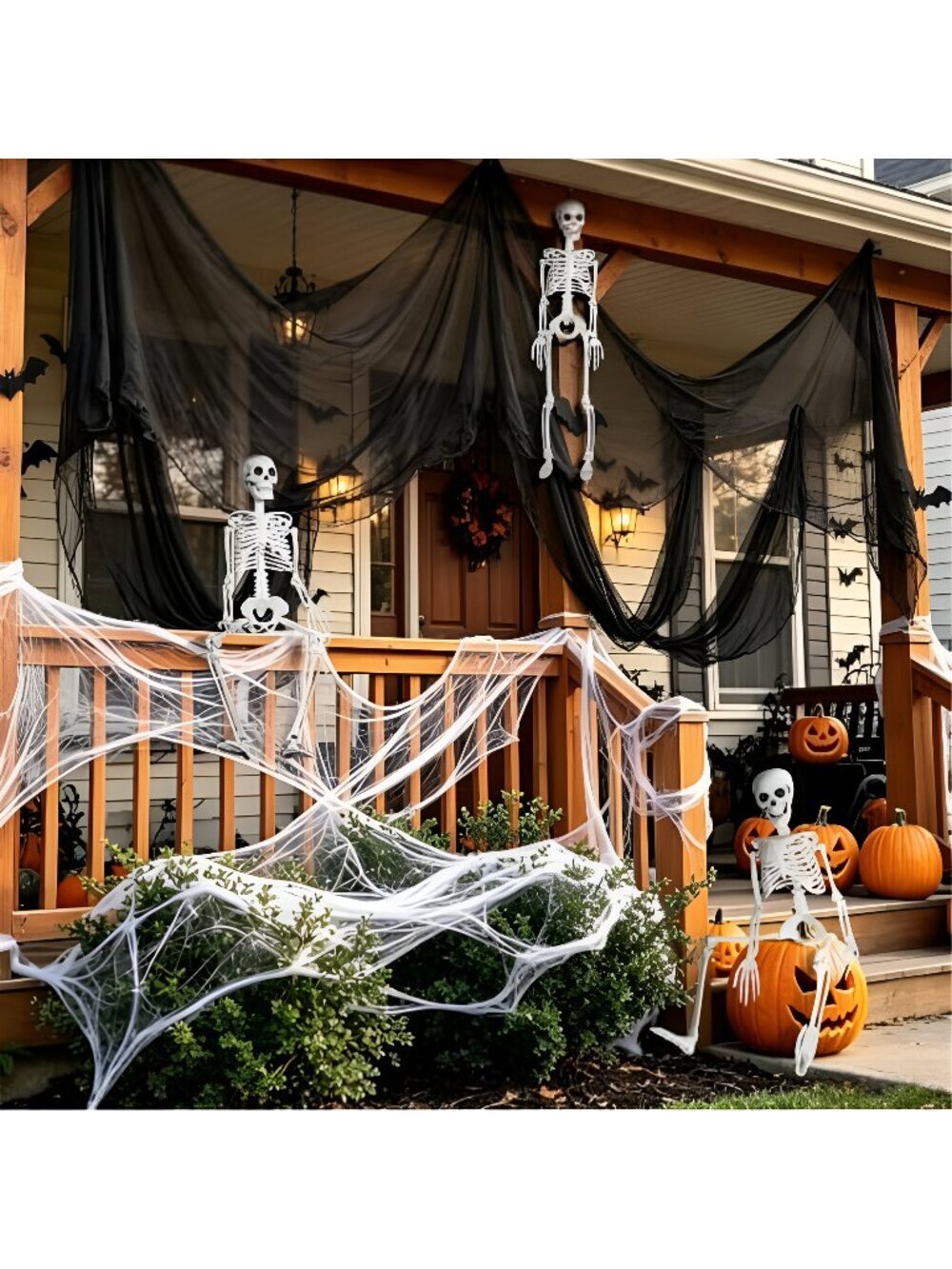 3 Pack 36in Halloween Skeletons,5 Pack 30x72in Black Creepy Cloth,300